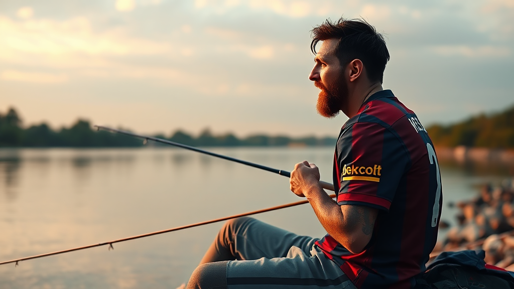 A football player in Barcelona jersey fishing by river.