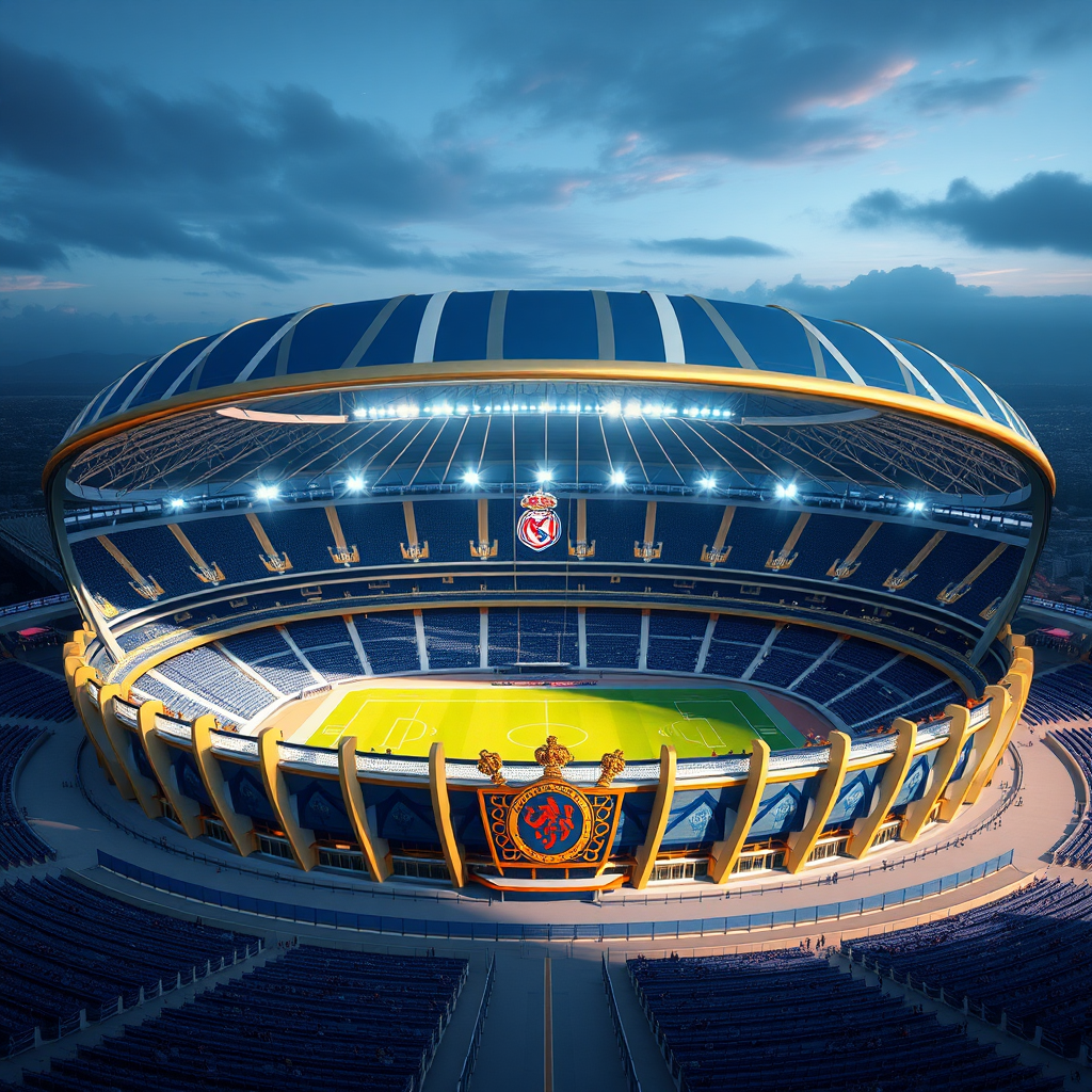 A football stadium like royal crown with blue gold.