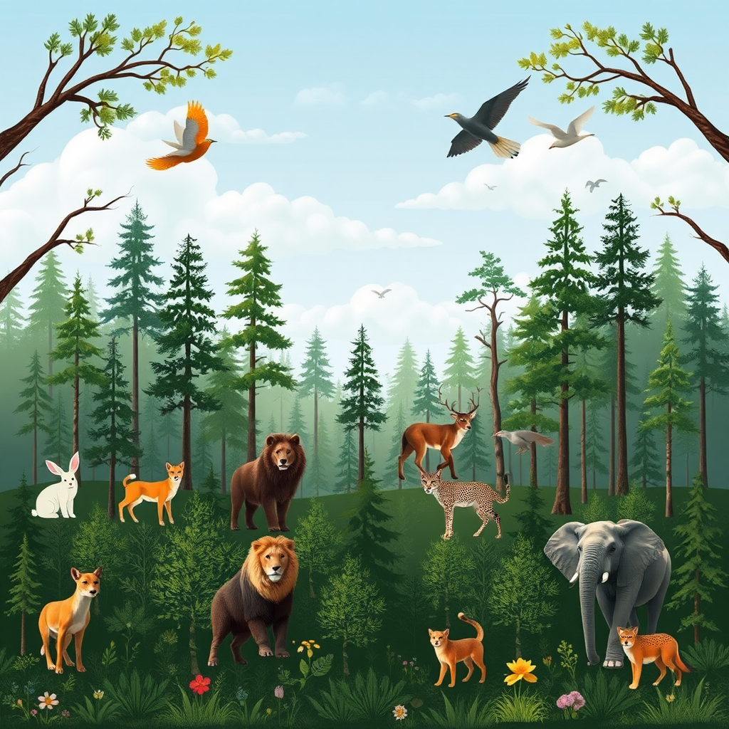 A forest with various animals under clear sky.