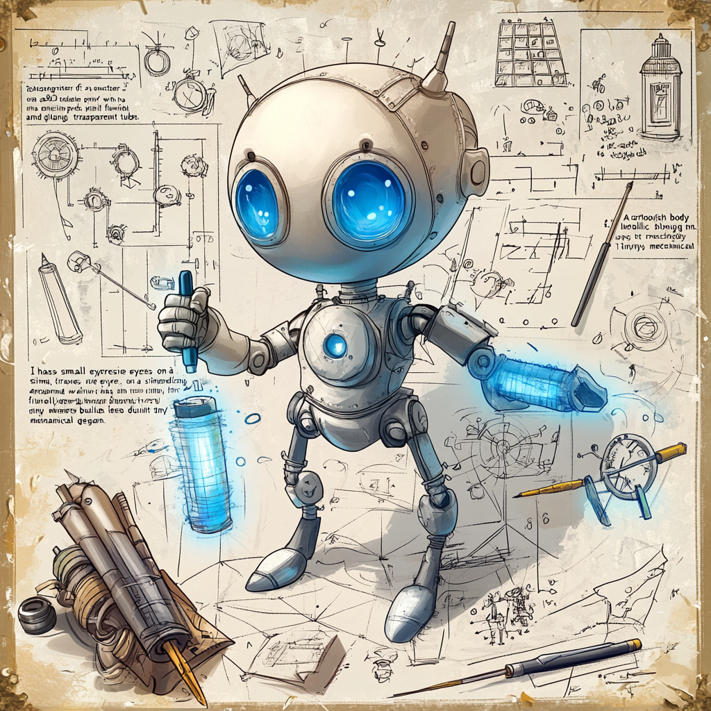 A friendly blueprint pen with magical tools and gears.