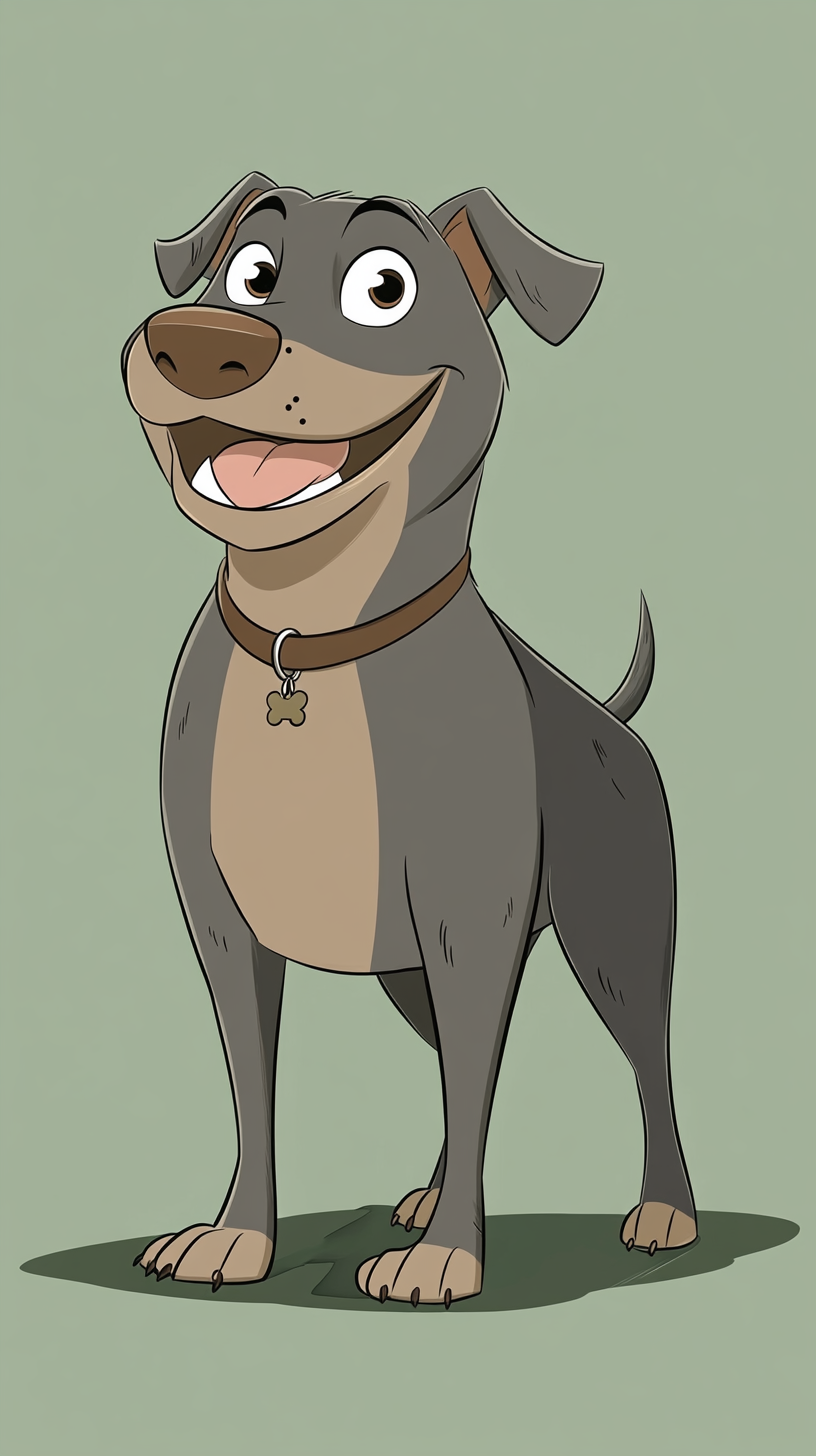 A friendly cartoon pitbull with round eyes