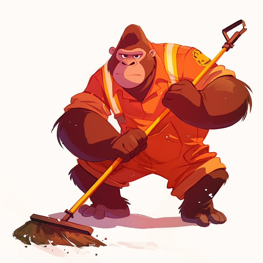 A friendly gorilla cleaning company worker in Zootopia.