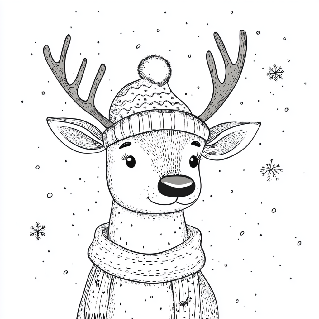 A friendly reindeer with a Christmas hat in snow