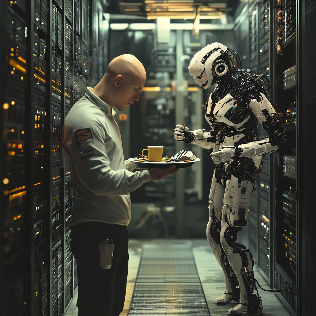 A frustrated man fixing server with robot assistance