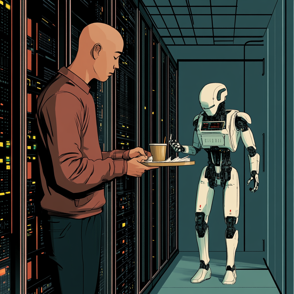 A frustrated man with coffee meets helpful robot.