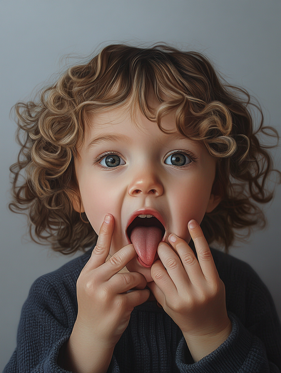 A funny 3-year-old girl makes silly face.