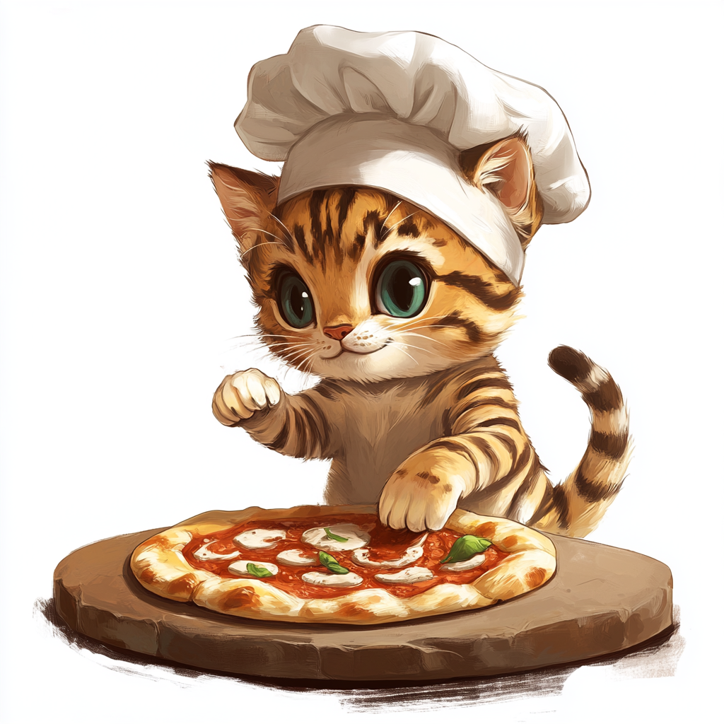 A funny cat chef making pizza in oven