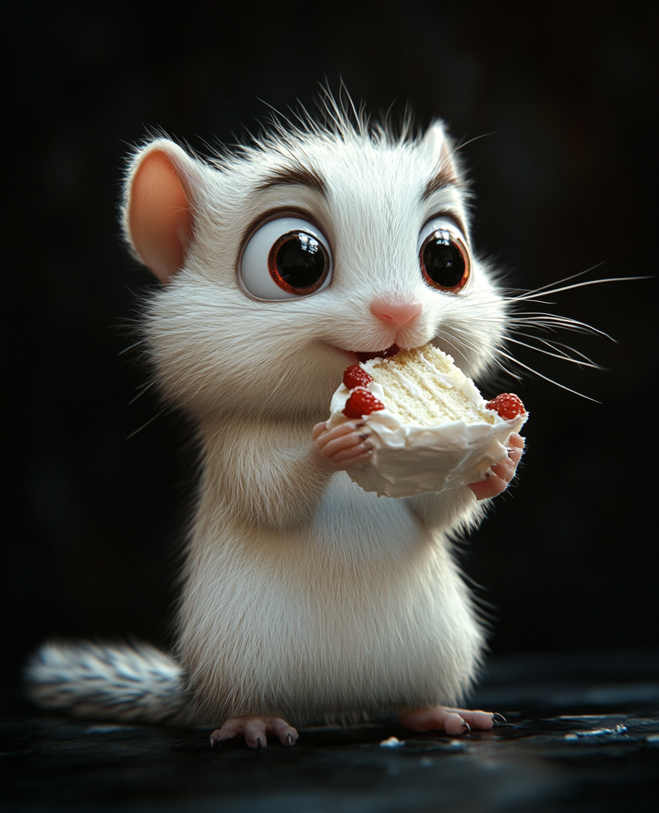 A funny chipmunk eating cake in cartoon style