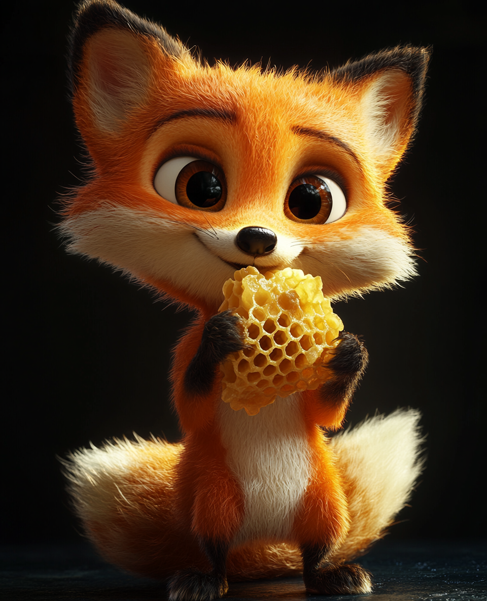 A funny fox pulls honeycomb in cartoon style