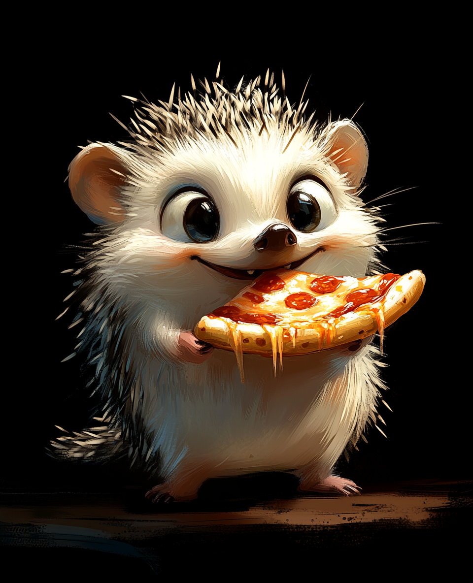 A funny white hedgehog enjoys pizza cartoon style