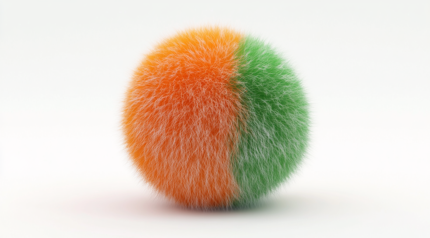 A furry orange and green sphere in 3D