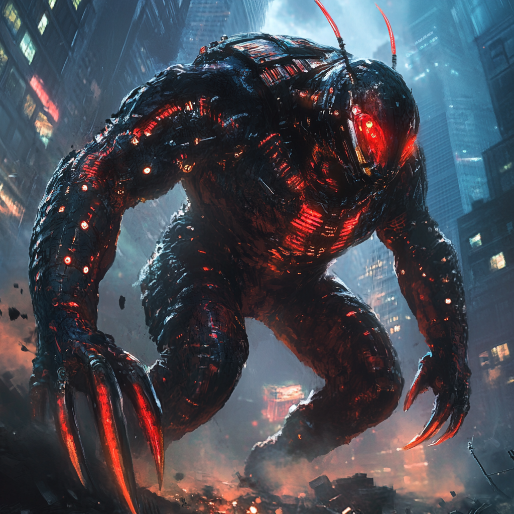 A fusion of Ant-Man and Godzilla in destroyed city.