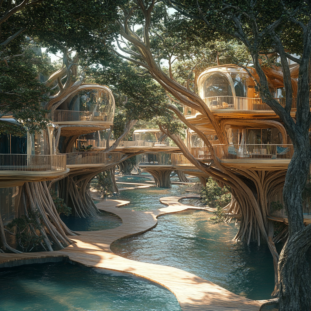 A futuristic, nature-inspired community over water