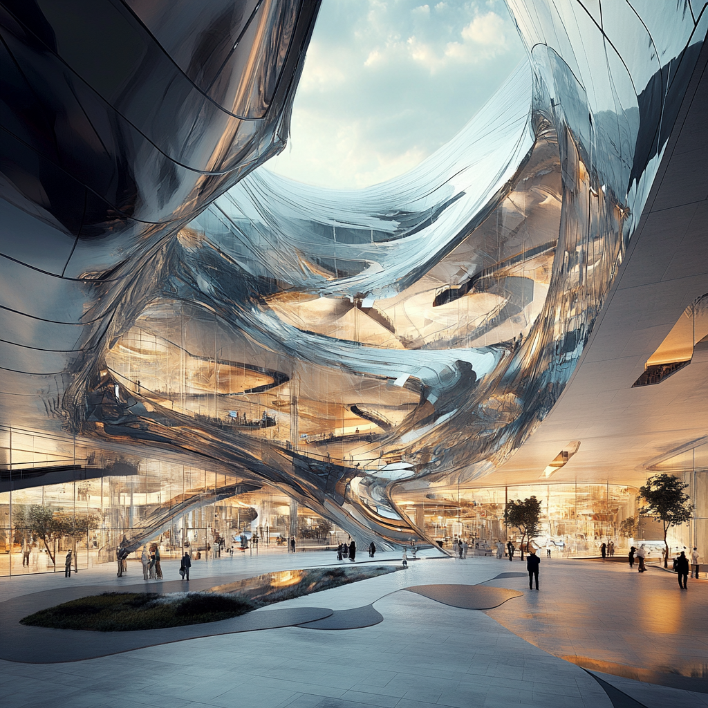 A futuristic, sustainable building with fluid, angular forms.