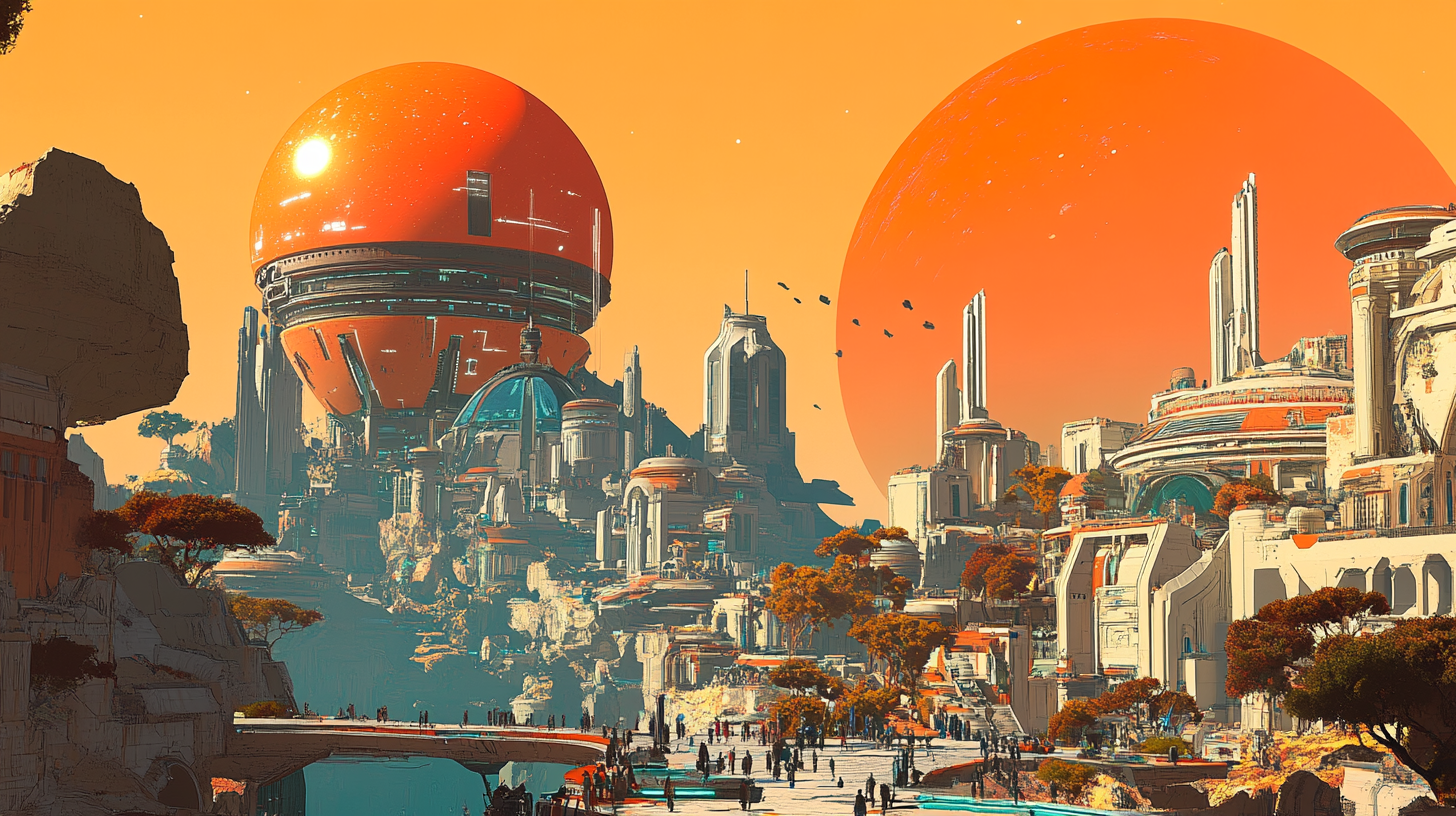 A futuristic ancient city sparkling under red sun