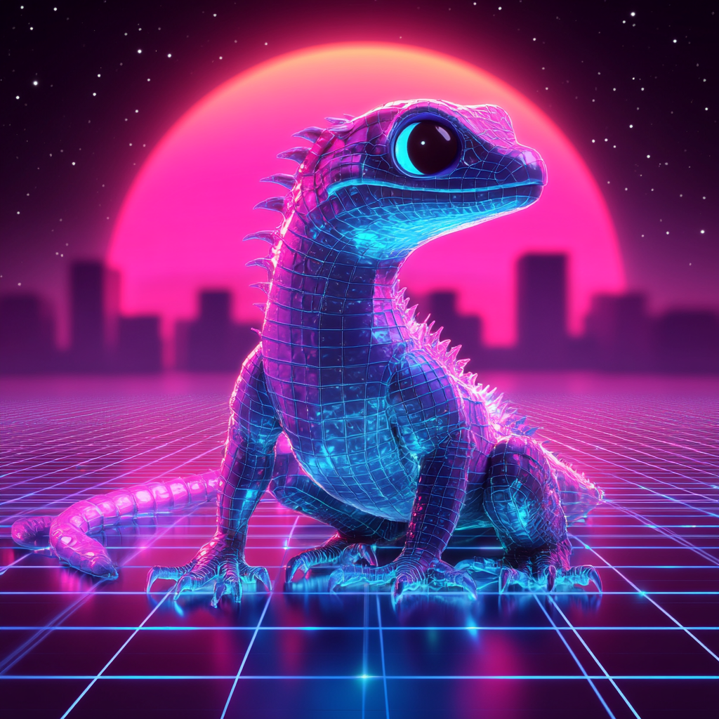 A futuristic dragon gecko in neon colors sunset