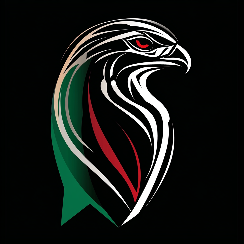 A futuristic falcon logo with UAE flag colors