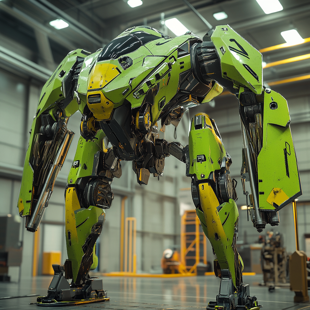 A futuristic green and yellow mecha ready for launch