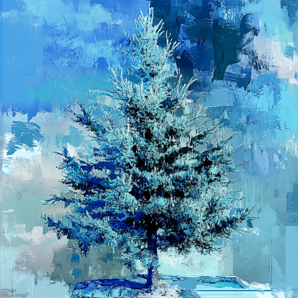 A futuristic holiday scene with decorated evergreen tree