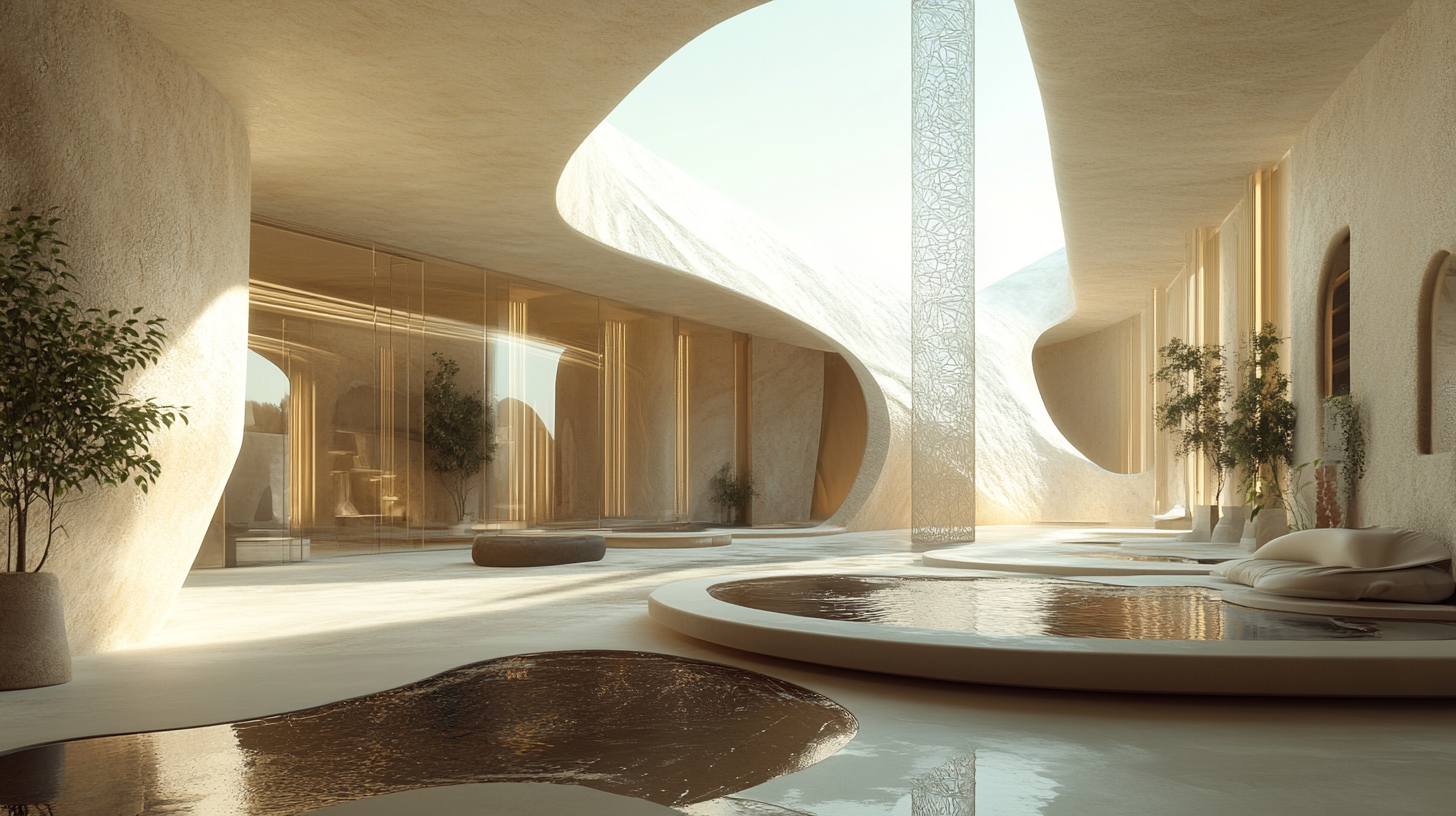 A futuristic lobby with glass rooms and Greek design.