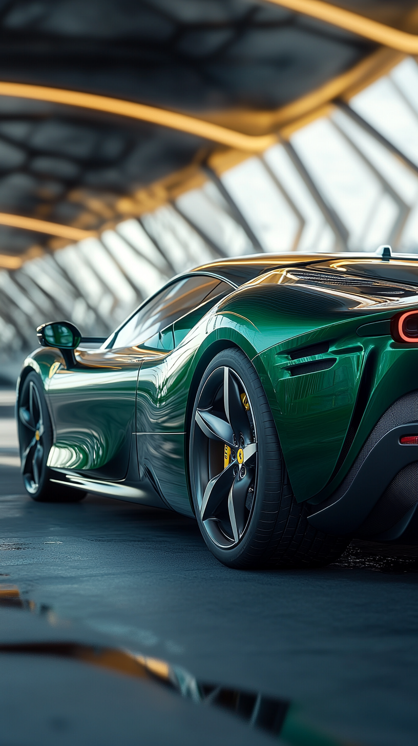 A futuristic metallic green Ferrari SF90 Stradale