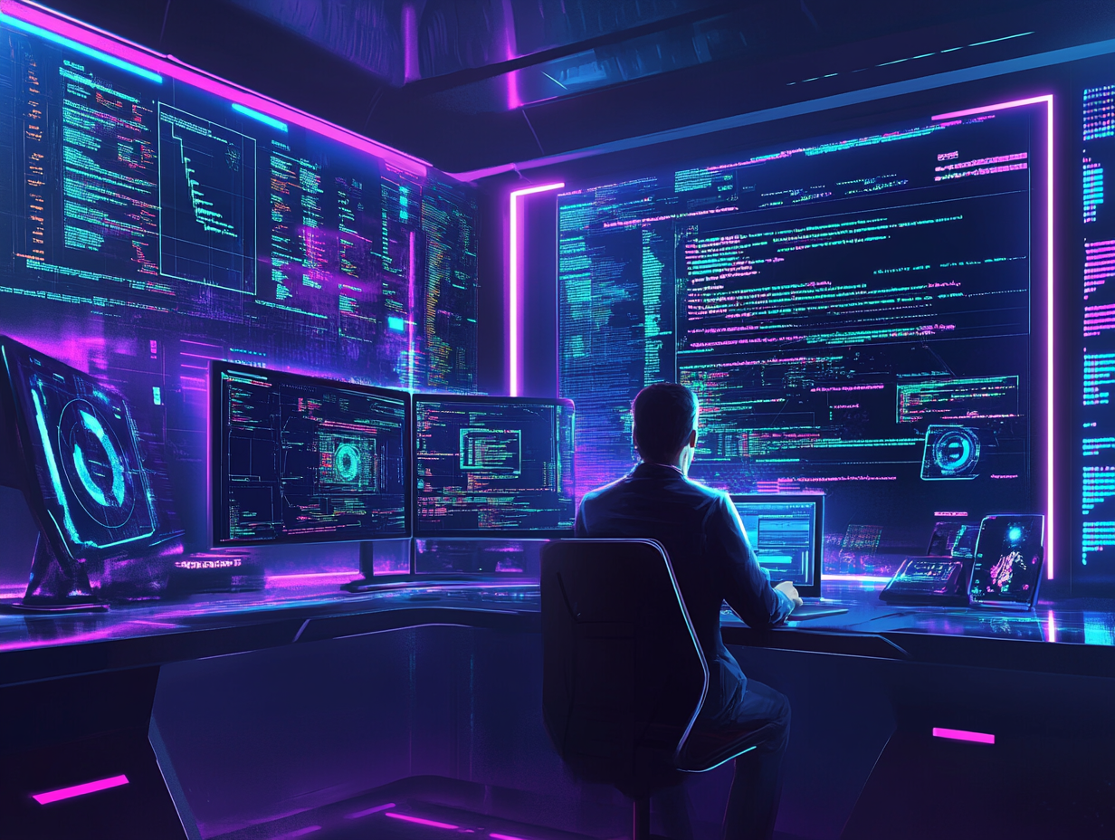 A futuristic office scene with holographic code screens