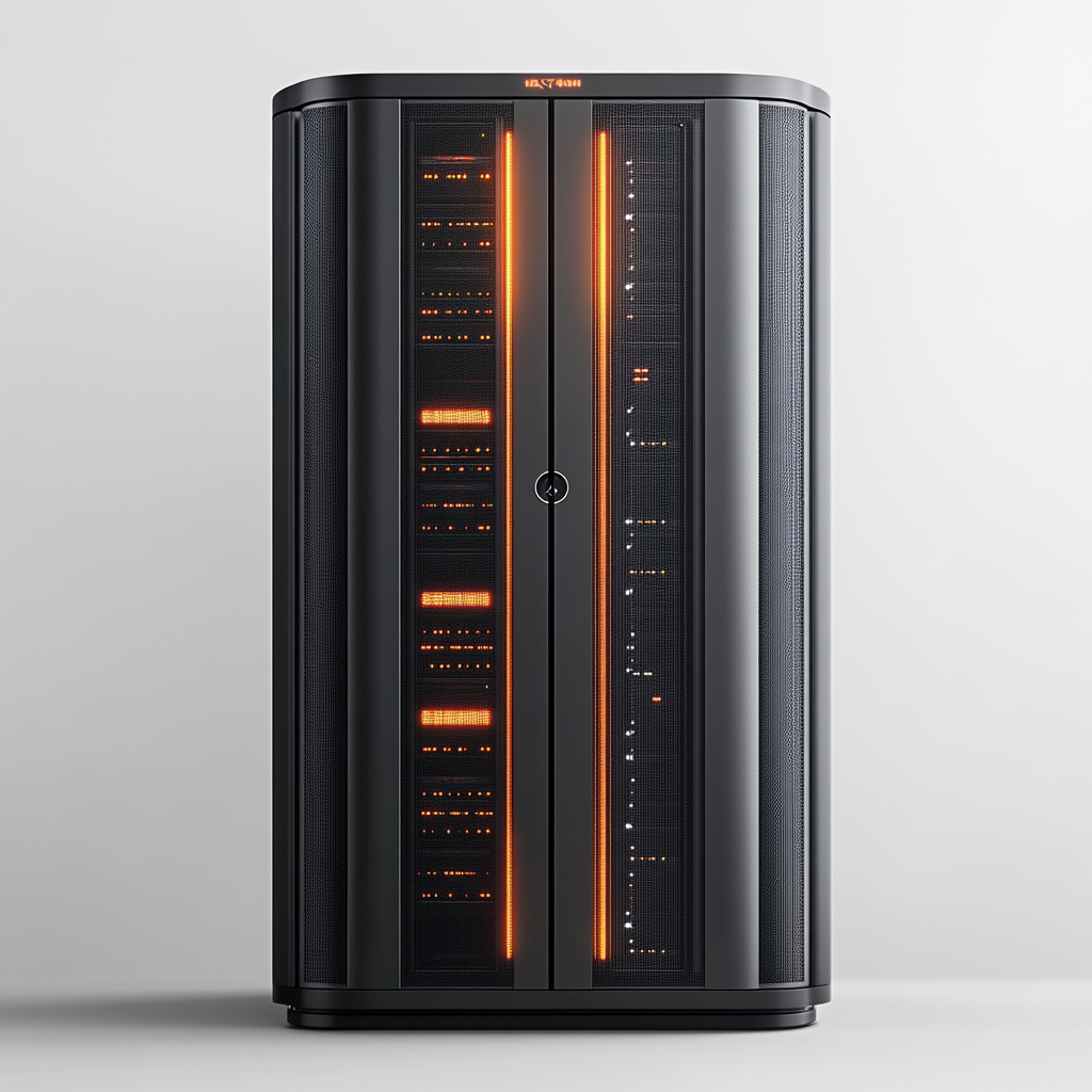 A futuristic server rack on white background