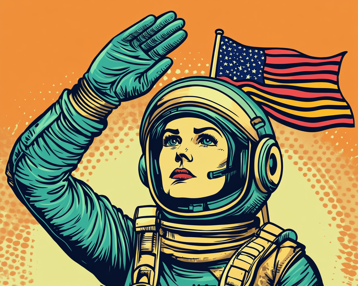 A futuristic soldier saluting with space flag