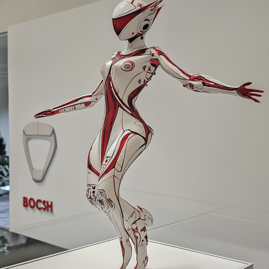 A futuristic space dancer in red and white.