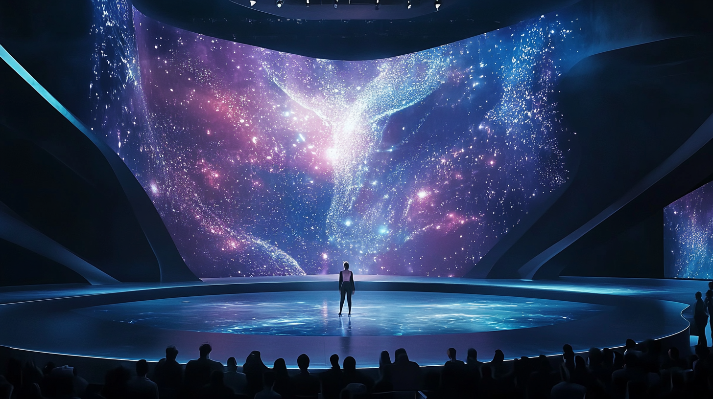 A futuristic stage with hologram beauty science show