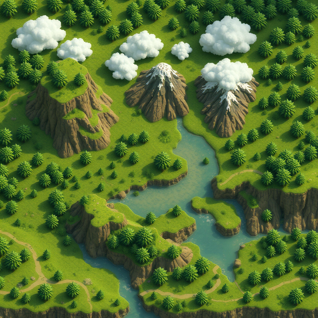 A game world with trees, mountains, and land