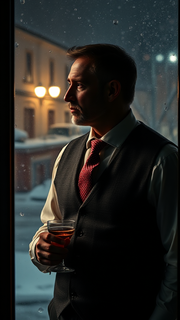 A gentleman with wine stares out snowy window.