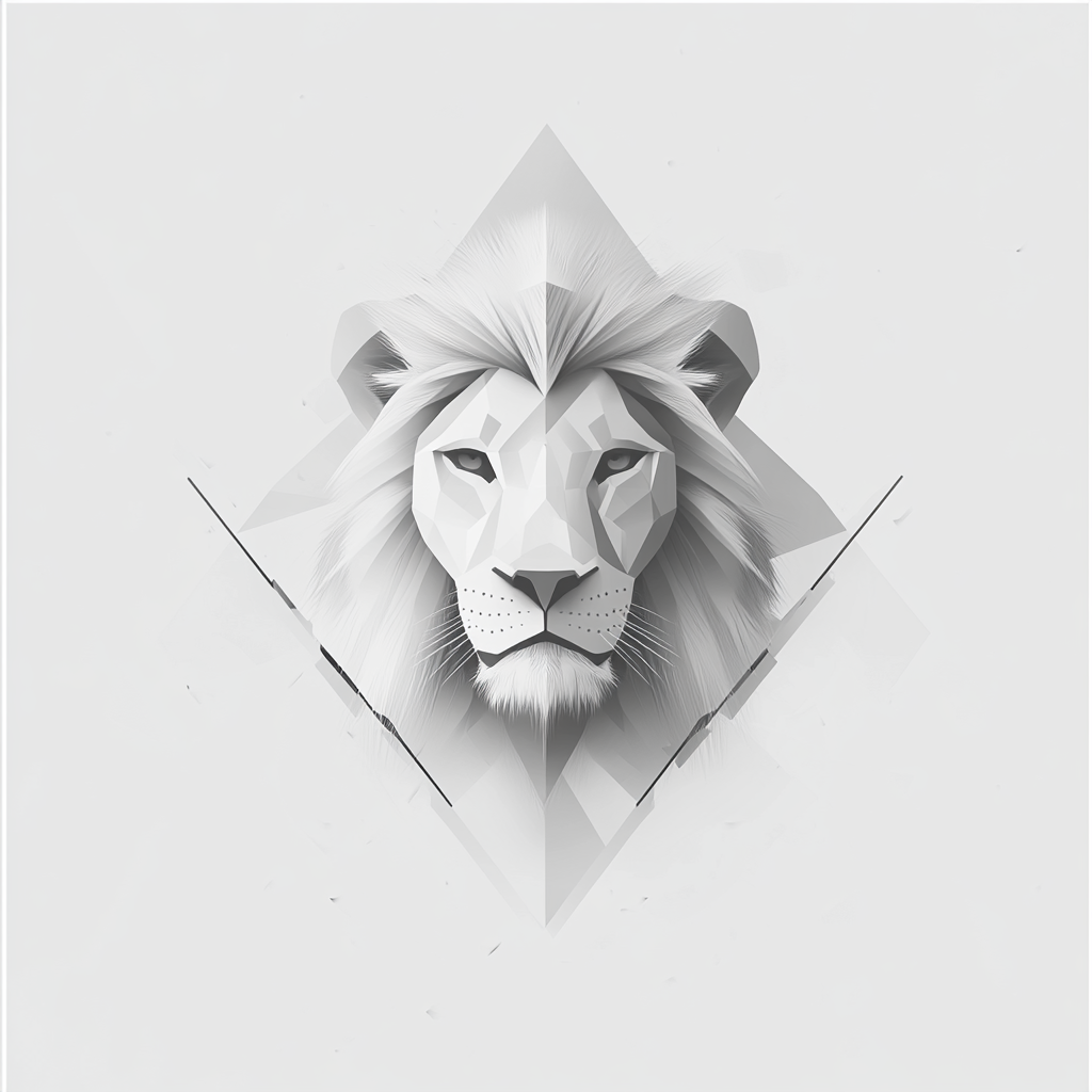 A geometric lion head logo on grey background.