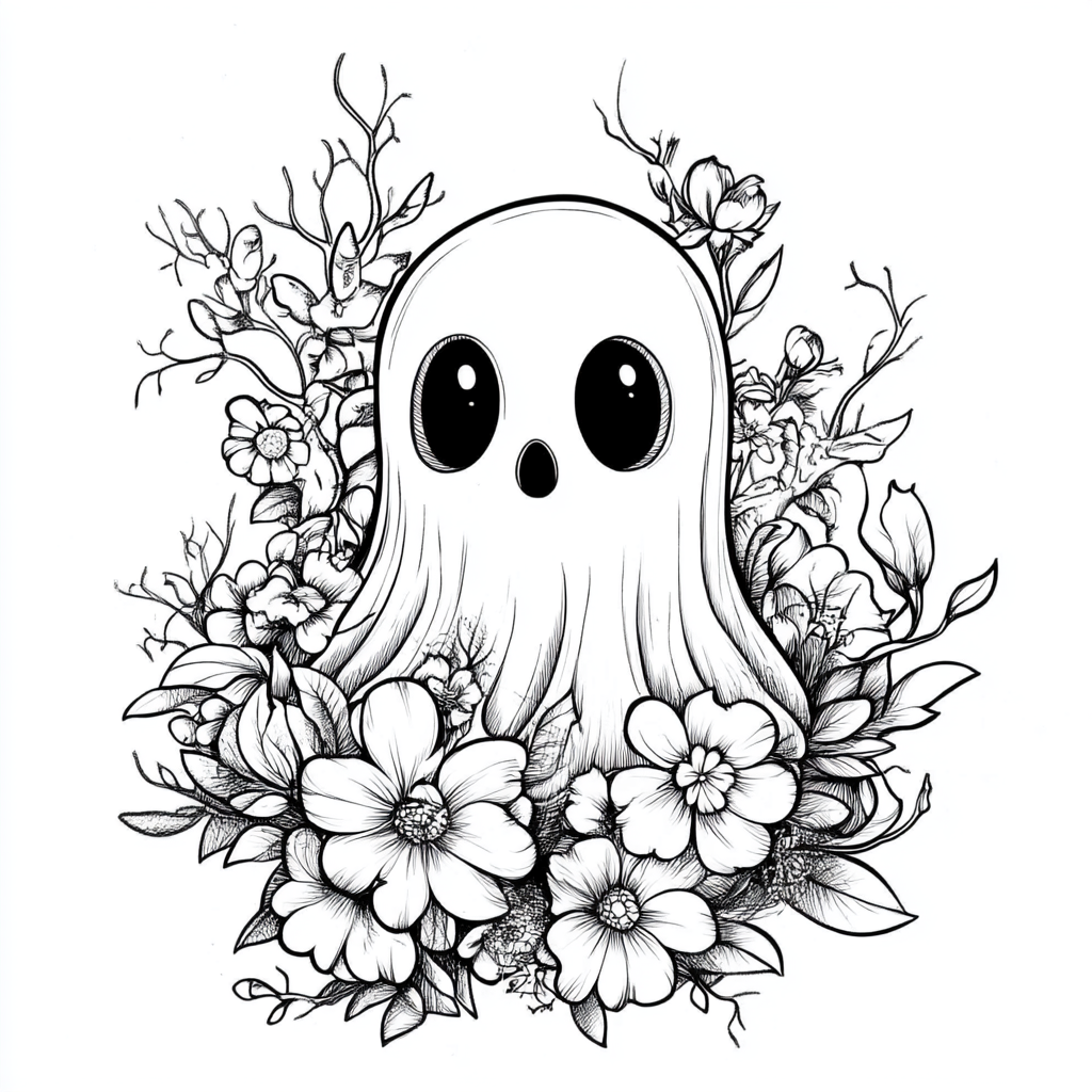 A ghost surrounded by flowers coloring page.