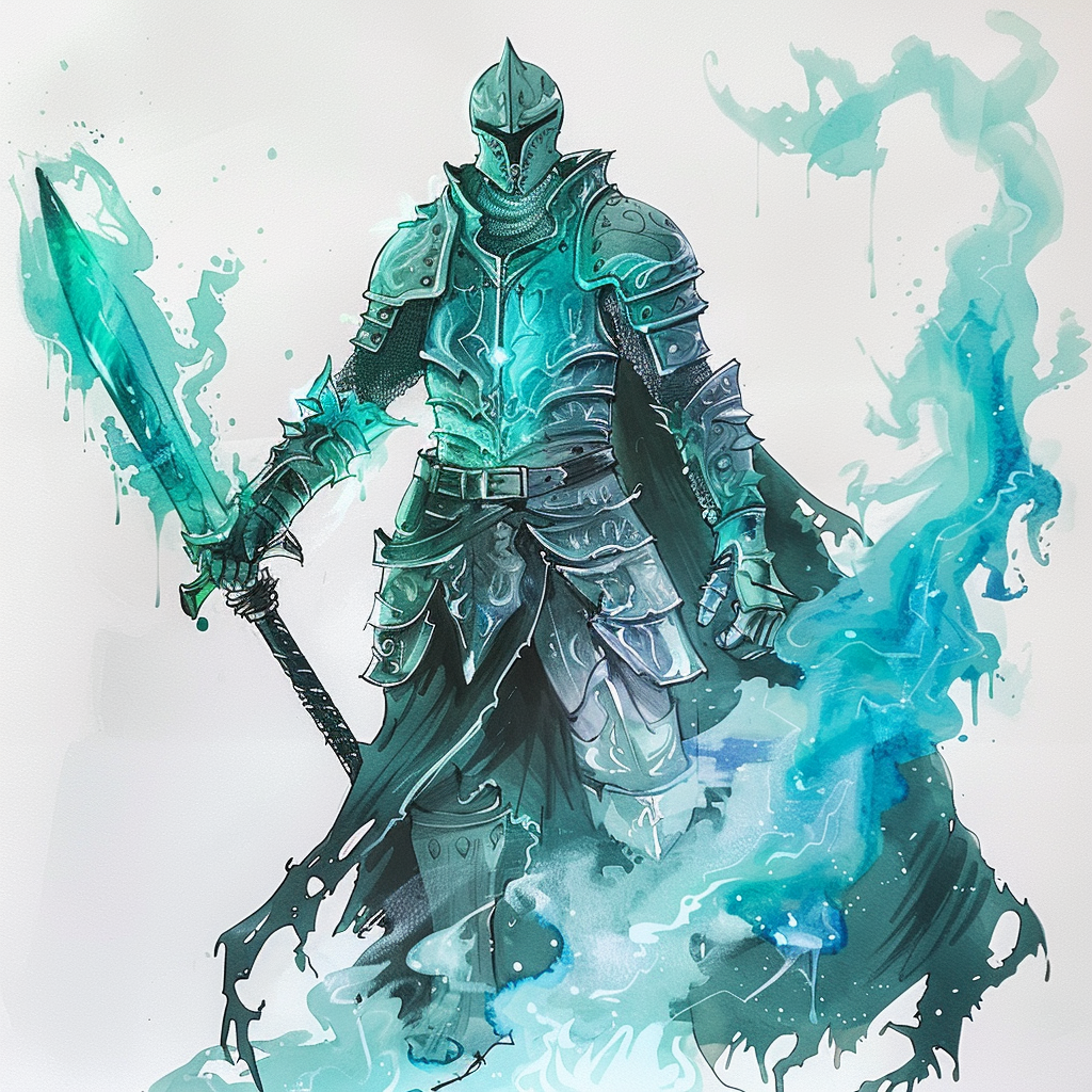 A ghostly knight in green-blue armor.