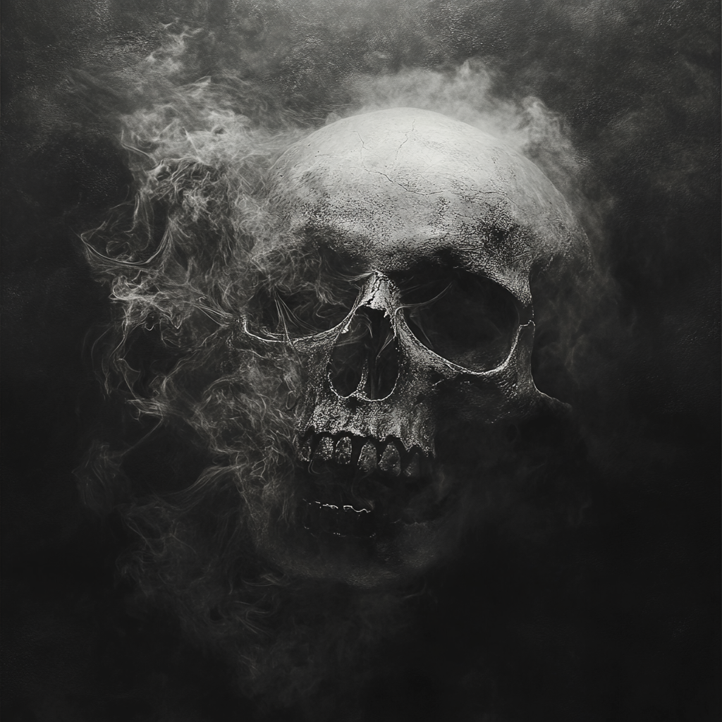 A ghostly skull dissolving into misty air