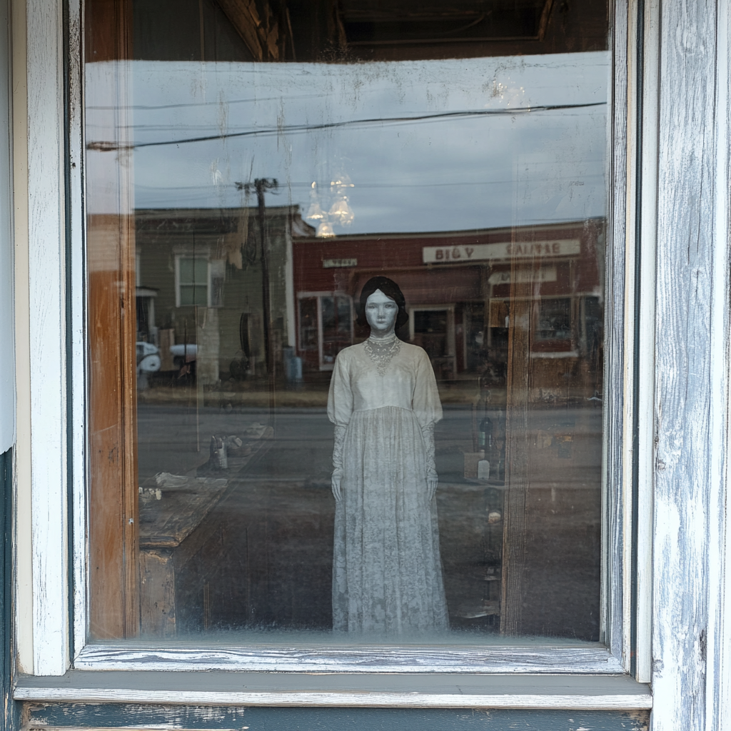 A ghostly woman in old barber shop window