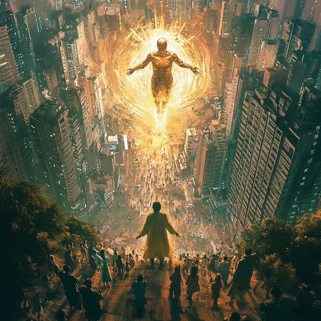 A giant god greets humans in anime city