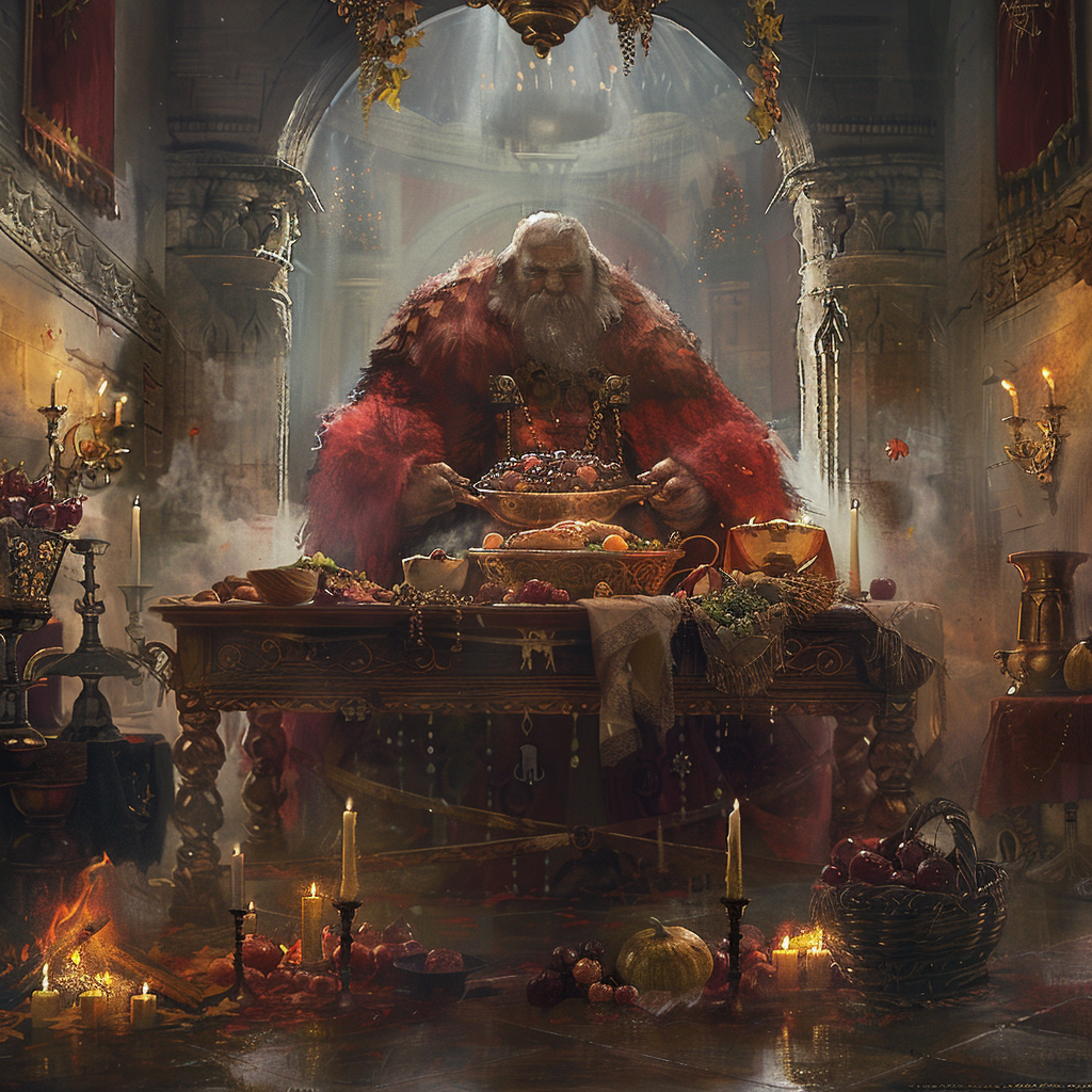 A giant man in red robes with abundant food.