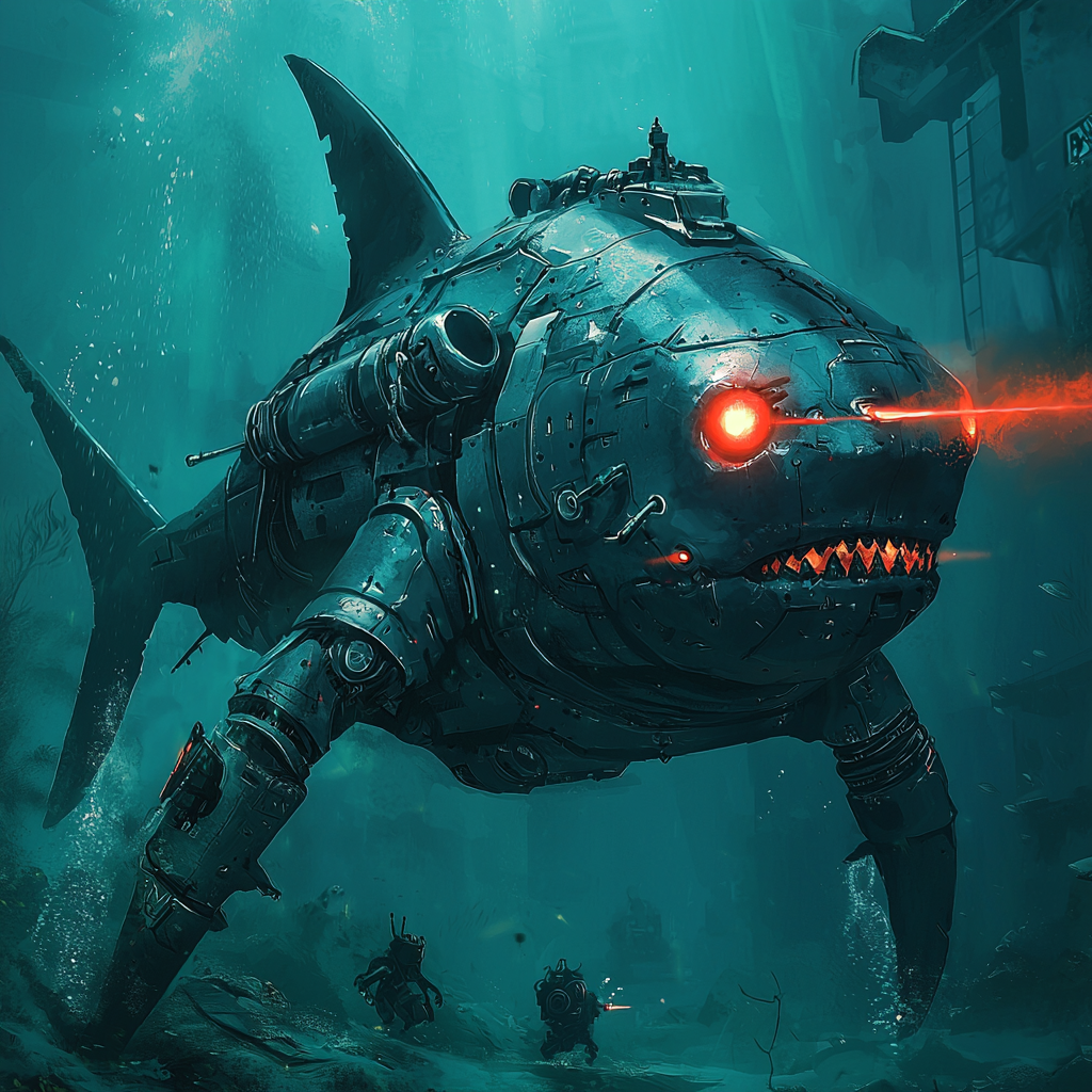 A giant robot shark underwater, shooting laser beams