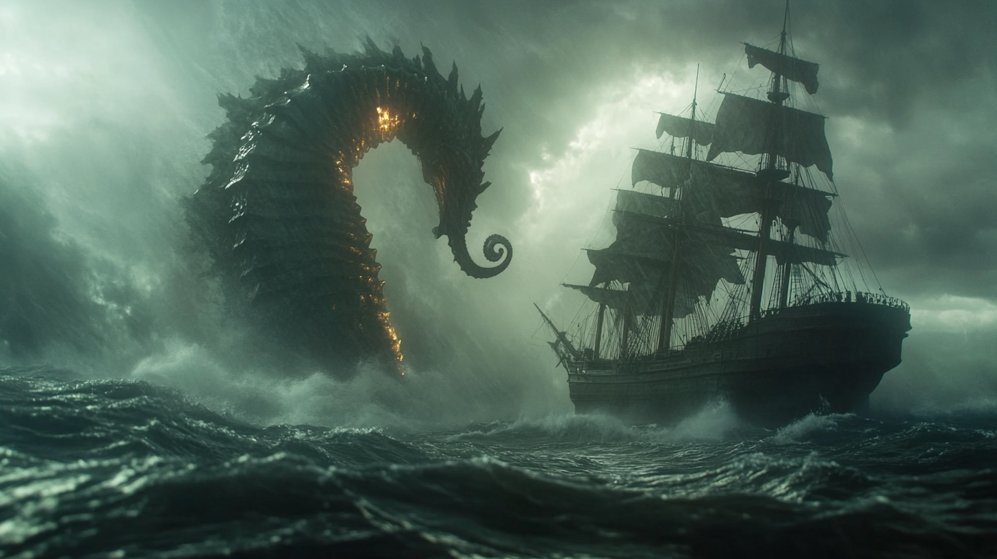 A giant seahorse emerges from stormy sea