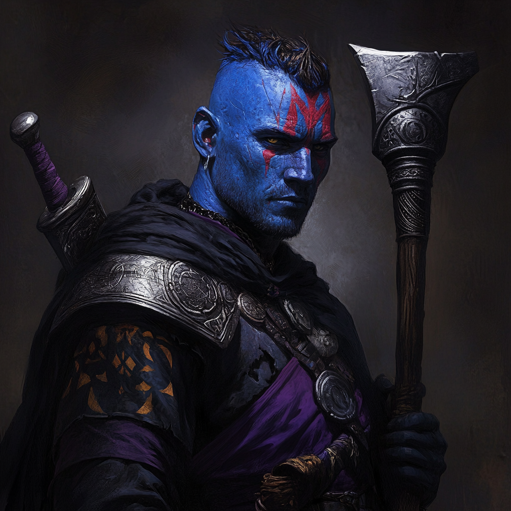 A giant warrior in blue with red tattoos