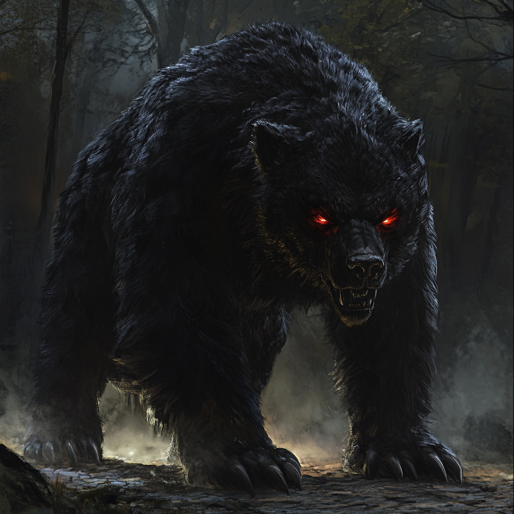 A giant with black fur and red eyes.