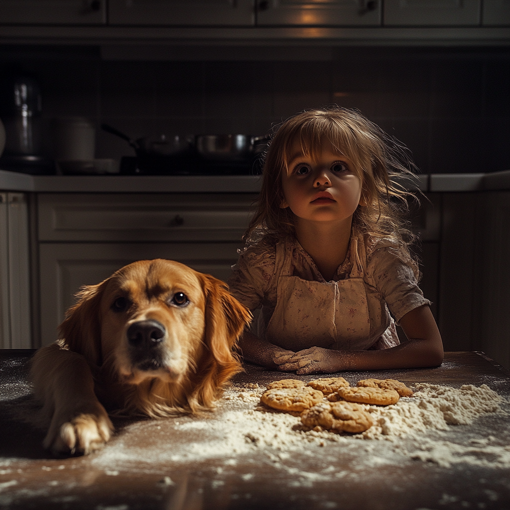 A girl and dog baking cookies in flour.