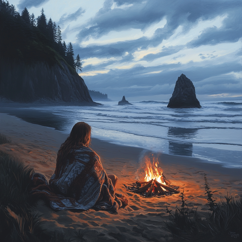 A girl by dusk campfire on Pacific Northwest beach