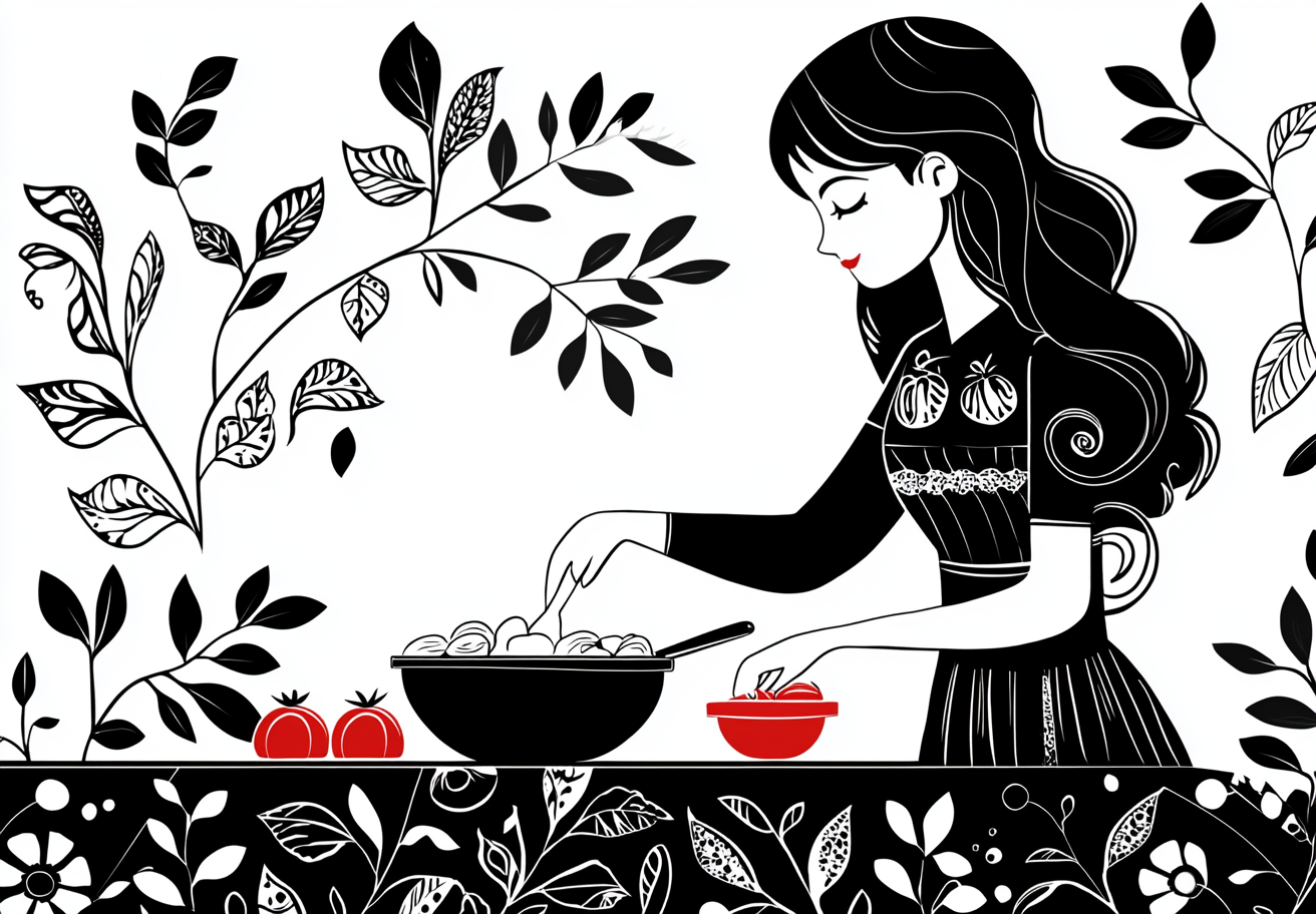 A girl cooking pasta with tomatoes in ancient style