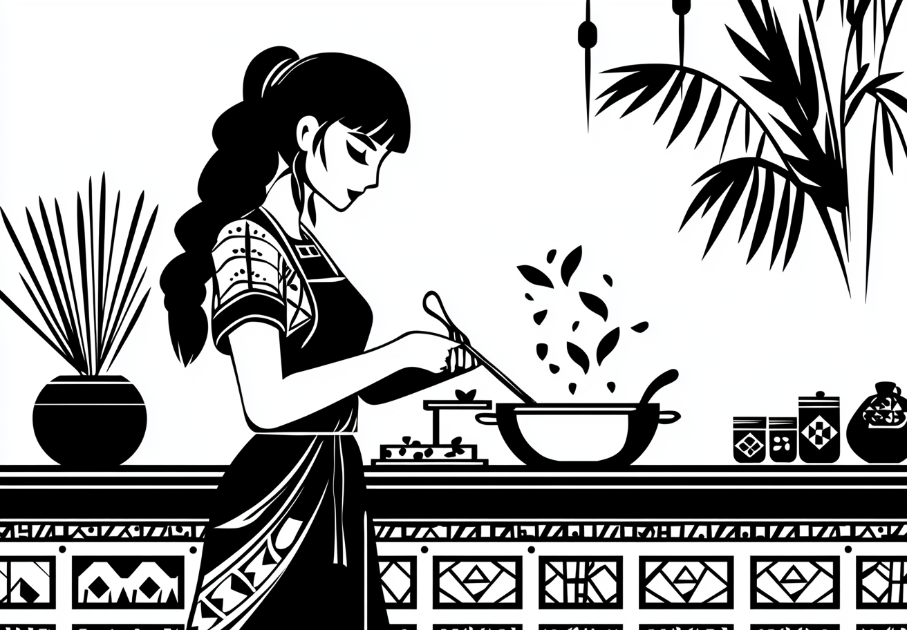 A girl cooking ragù in Tim Burton-inspired mosaic.