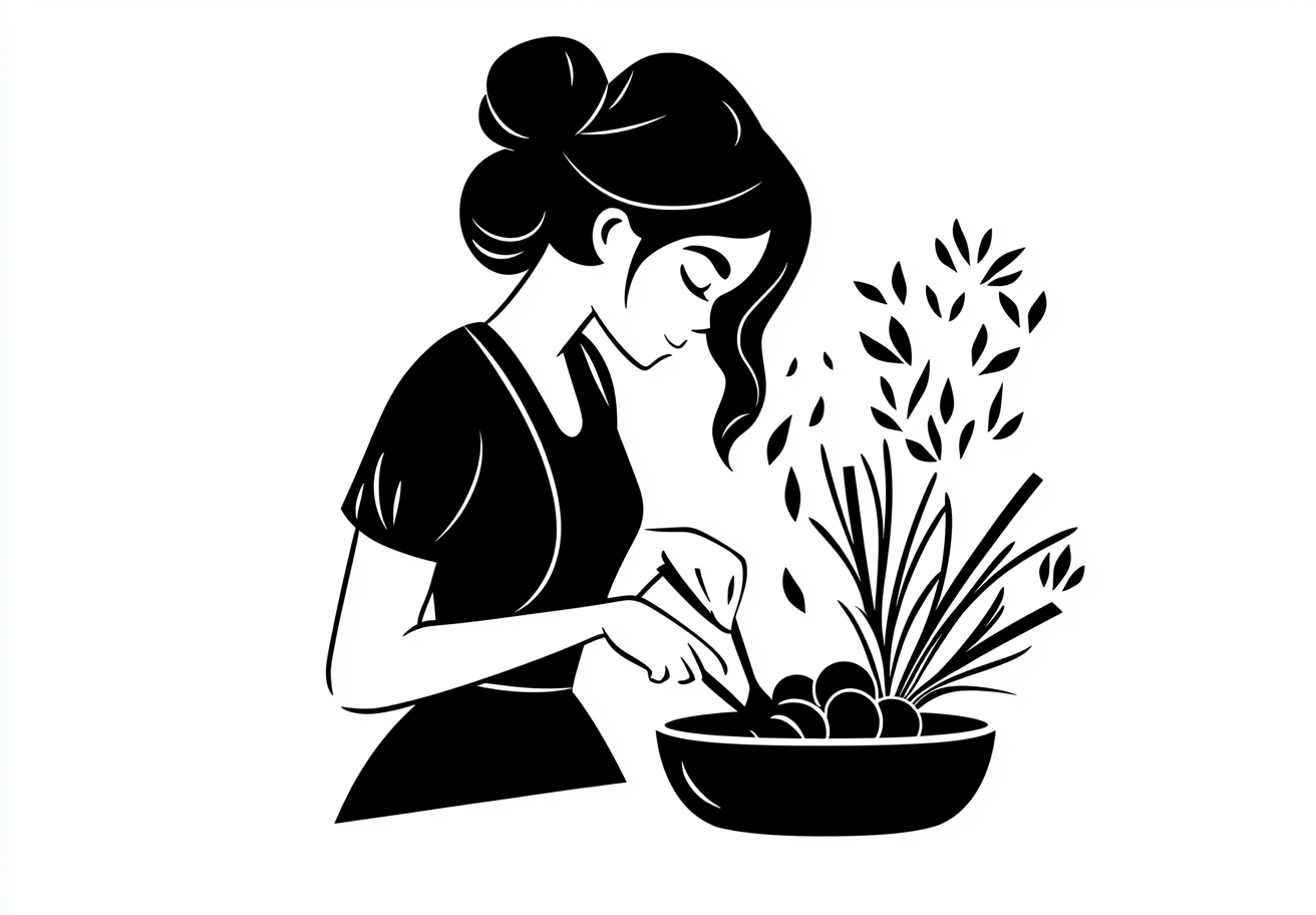 A girl cooking turnip pasta in Slavic style