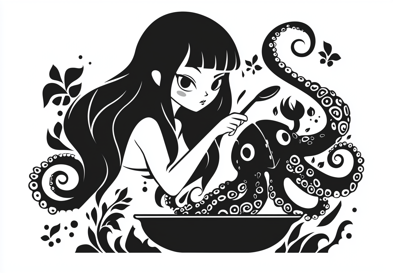 A girl cooks octopus with onions in pan