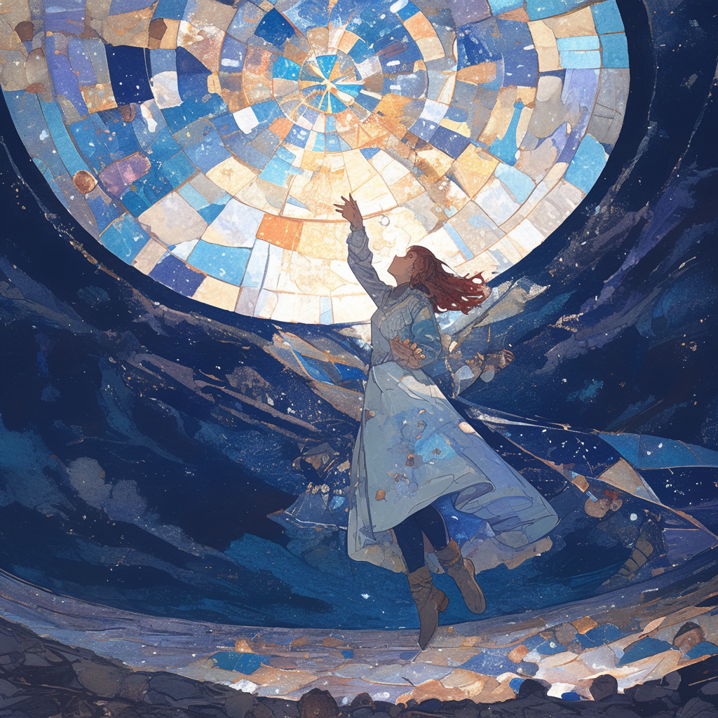 A girl dancing in a glass starlit sky.